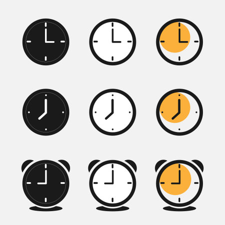 Editable time, analog clock icon Set. Black, line style, transparent white background. Part of a big icon set family. Perfect for web and app interfaces, presentations, infographicのイラスト素材