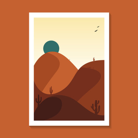 Creative vintage style desert portrait with minimalist geometric style and abstract shapes. Mid century modern wall art print poster, desert decor, modern canvas.のイラスト素材