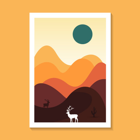 Creative vintage style desert portrait with minimalist geometric style and abstract shapes. Mid century modern wall art print poster, desert decor, modern canvasのイラスト素材