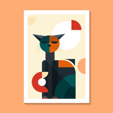 Fun creative cat portraits in minimalistic geometric boho style drawing with abstract shapes. Mid century modern wall art print poster, home decor, modern canvas, postcardのイラスト素材