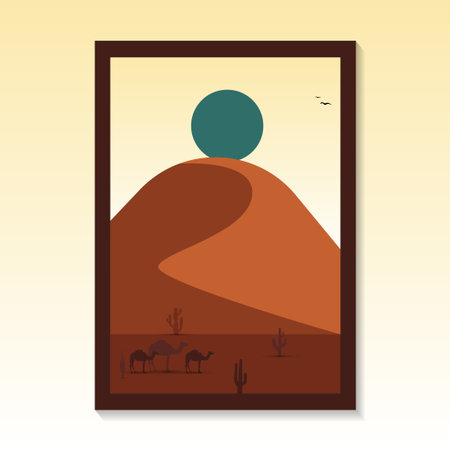 Creative vintage style desert portrait with minimalist geometric style and abstract shapes. Mid century modern wall art print poster, desert decor, modern canvas.のイラスト素材