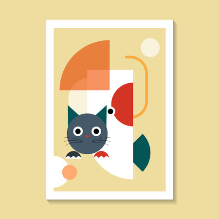 A stylized colorful cat with fun geometric shapes, accompanied by circles and dots on a yellow backgroundのイラスト素材