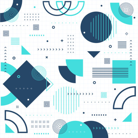 Geometric shapes mega set elements in flat graphic design. Bundle objects of circles, squares, triangles, shape with halftone, dots and lines pattern, waves and curve lines.のイラスト素材