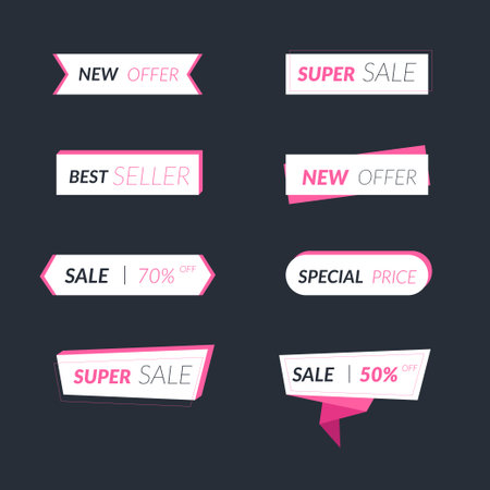 Tag collection featuring sale and new labels. Includes red scrolls, banners, discount ribbons, shopping tags, and promotional iconsのイラスト素材