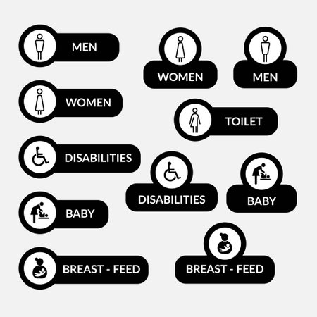 Modern Linear Male and Female toilet symbols collection. disabled icon. gender icon. restroom pictogram. WC signage on black and whiteのイラスト素材