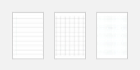 Set of blank sheets of lined, square grid and dotted paper in a4 format. Paper templates for notes, writing, sketching, and journaling. Ideal for school, office and work.のイラスト素材