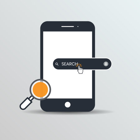 Smartphone click A sage black search bar with a magnifying glass icon, the word Search and a microphone icon.のイラスト素材