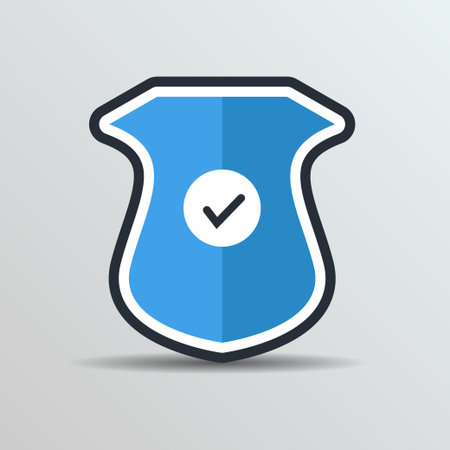 Blue shield icon with check mark. Shield with a checkmark. Protection and security symbol.のイラスト素材