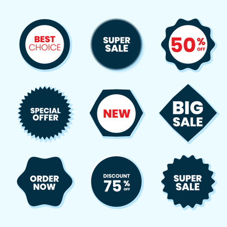 Best choice, order now, special offer, new and big sale banners. Red and dark blue ribbons, tags and stickers.のイラスト素材