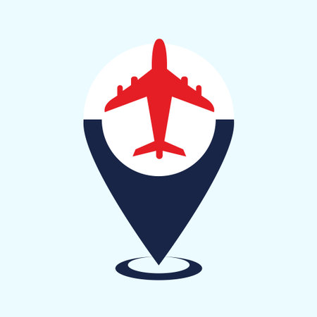 Pin maps with plane. Airport location pointer icon flat style isolated on soft blue background. locate plane signのイラスト素材
