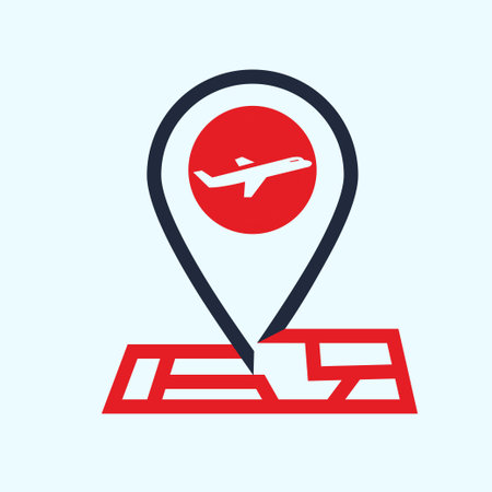 Pin maps with plane. Airport location pointer icon flat style isolated on soft blue background. locate plane signのイラスト素材