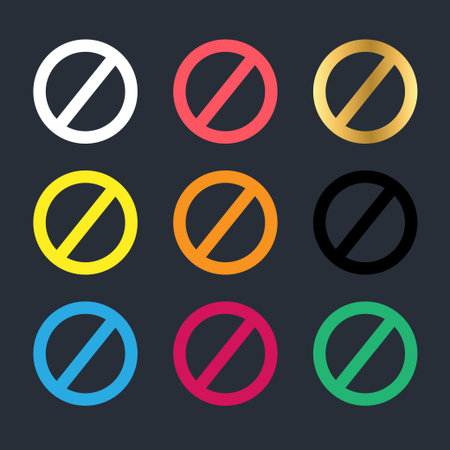 Red, gold, blue set prohibition sign on plate isolated on black background set collectionのイラスト素材