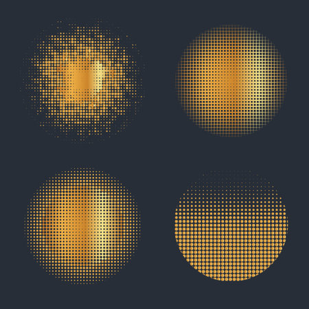 Abstract gold glowing halftone dotted background. Set of gold glitter patterns in circle form. Circle halftone dots.のイラスト素材