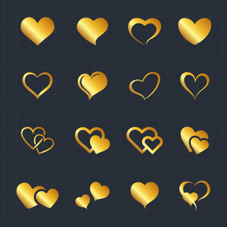 Set of hearts in gold color, heart icons set, set of hearts different shapes for design. Heart collection. Heart love symbol goldのイラスト素材