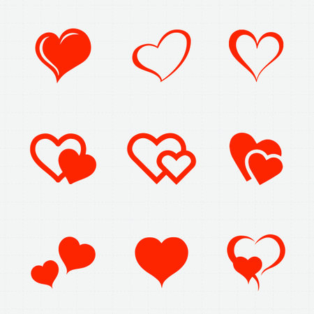 Set of hearts in red color, heart icons set, set of hearts different shapes for design. Heart collection. Heart love symbol redのイラスト素材