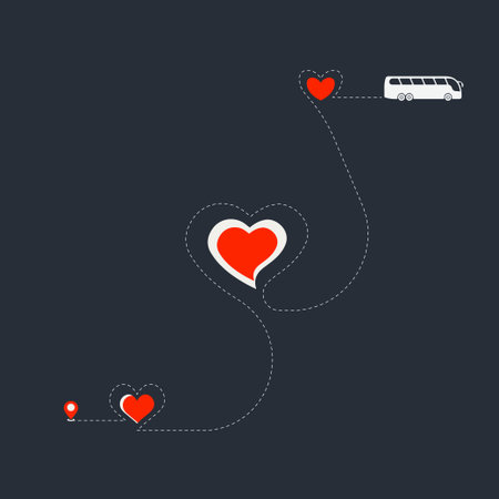 Set of Love bus route. Heart dashed line trace and bus routes isolated. Romantic wedding travel, Honeymoon trip.のイラスト素材