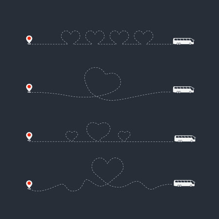 Set of Love bus route. Heart dashed line trace and bus routes isolated. Romantic wedding travel, Honeymoon tripのイラスト素材