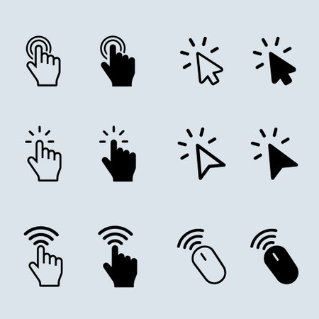 Computer mouse cursor clicks arrow hand icon set black and white. click arrow icon with soft blue...