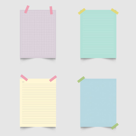 Colorful sticky notes and paper sheets in various shapes and sizes. Sticky notes and paper sheets for reminders and notes. Perfect for office or school useのイラスト素材