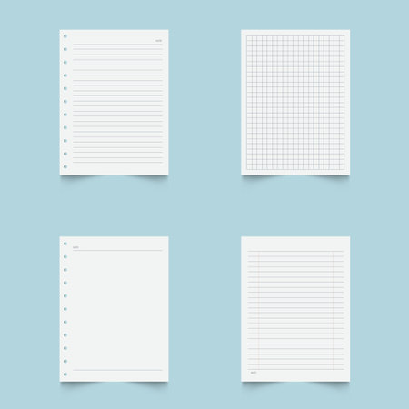 Set of blank sheets of lined, square grid and dotted paper in a5 format. Paper templates for notes, writing, sketching, and journaling. Ideal for school, office and work.のイラスト素材