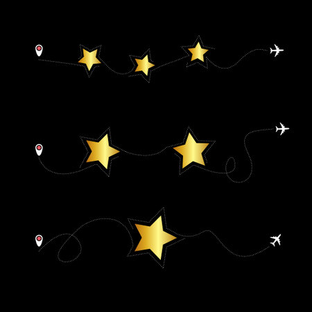 Set of Star airplane. Plane with dashed line in Star shape, travel star review and feedback from customer in simple linear styleのイラスト素材