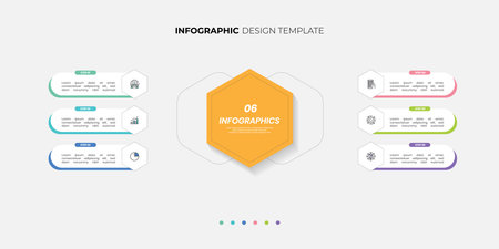 Modern hexagon chart infographic template with 6 options for presentations. Infographic 6 diagram chart template for business 6, options, presentation with diagram elementsのイラスト素材