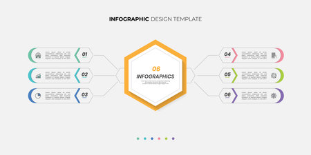 Modern hexagon chart infographic template with 6 options for presentations. Infographic 6 diagram chart template for business 6, options, presentation with diagram elements, infoのイラスト素材
