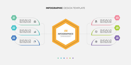 Modern hexagon chart infographic template with 6 options for presentations. Infographic 6 diagram chart template for business 6, options, presentation with diagram elements, infoのイラスト素材