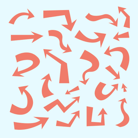 Red arrows pointing different direction set. Hand drawn freehand different curved lines, swirls...
