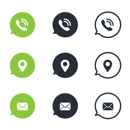 Bubble call, location and mail icons, concept of location and mail. Speech Bubble location and mail icon setのイラスト素材