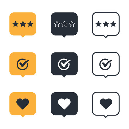 Bubble star, check and love icons, concept of star, check and love. Speech Bubble star, check, heart icon setのイラスト素材
