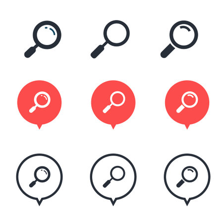 Bubble magnifying glass icons, concept of magnifying glass, linear icons thin black and red line. Speech Bubble magnifying glass icon setのイラスト素材