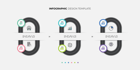 Modern infographics 6 options banner with arrows on grey background. Simple infographics design template Can be used for web design and workflow layoutのイラスト素材