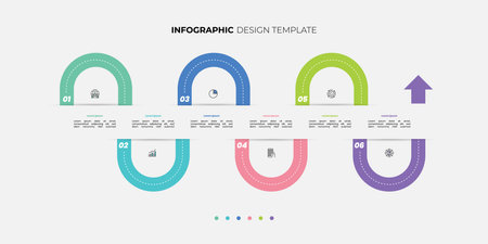Modern infographics 6 options banner with arrows on grey background. Simple infographics design template Can be used for web design and workflow layoutのイラスト素材