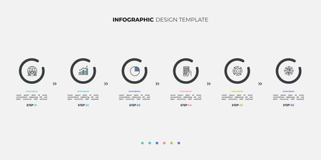 Modern infographics 6 options banner with arrows on grey background. Simple infographics design templateのイラスト素材