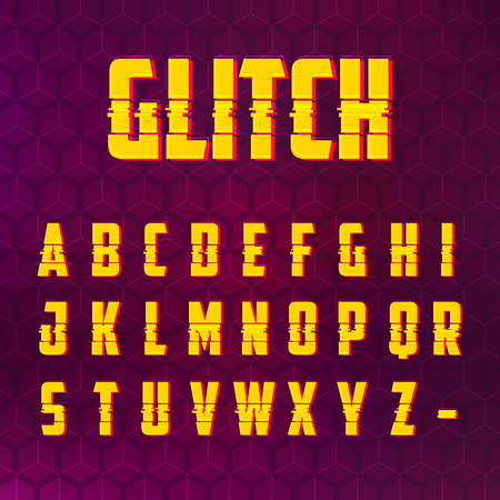 Glitch Vector Distorted Font. Television Screen Digital Effect Alphabet with Backgroundのイラスト素材