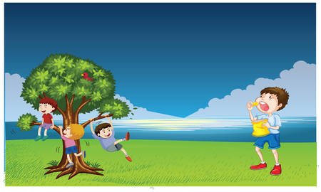 Kids are playing in the gardenのイラスト素材