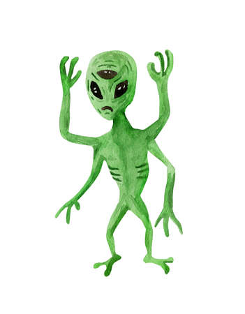 Hand drawn watercolor alien. Extraterrestrials for Halloween :)
