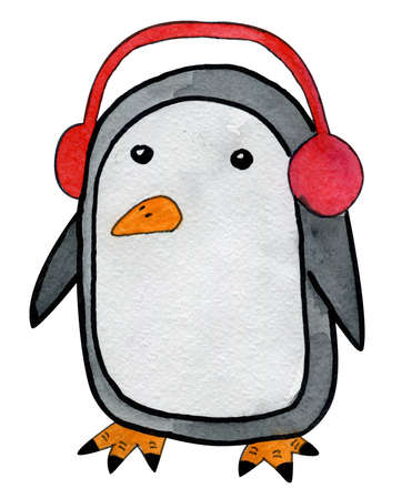 Beautiful hand drawn watercolor cartoon style penguin celebrating Christmas with headphones onの写真素材
