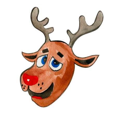 Pleasant and funny hand drawn watercolor head of reindeer with horns in a Christmas spirit, high :)の写真素材