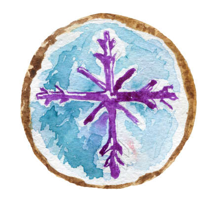 Beautiful watercolor hand drawn Christmas cookie with a snowflake icing on topの写真素材