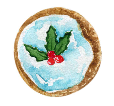 Delicious watercolor hand drawn Christmas cookie with icing on topの写真素材