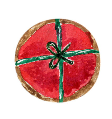 Delicious watercolor hand drawn Christmas cookie with a present like icing on itの写真素材