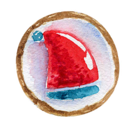 Beautiful watercolor hand drawn illustration Christmas cookie with Santa's hat on itの写真素材