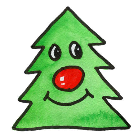 Cheerful hand drawn watercolor green Christmas tree, with a red nose and a joyful expression on his face, isolated, on a white background :)の写真素材