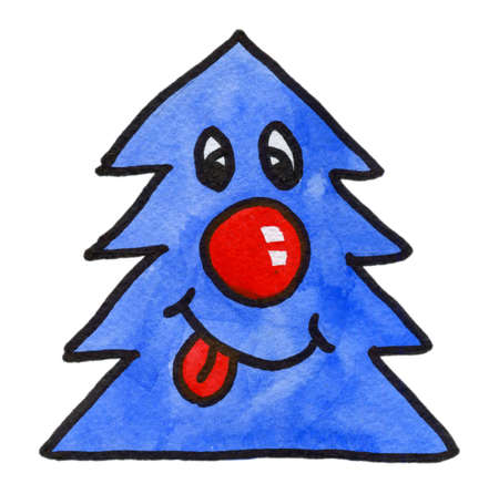 Joyful hand drawn watercolor blue Christmas tree, with a red nose hat and a cheerful expression on his face, sticking his red tongue out, isolated, on a white background :)の写真素材