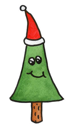 Cheerful hand drawn watercolor green Christmas tree, with a red Christmas hat and a joyful expression on his face, isolated, on a white background :)の写真素材