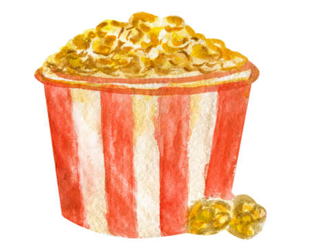 Watercolor golden popcorn in striped bucket on white backgroundの写真素材