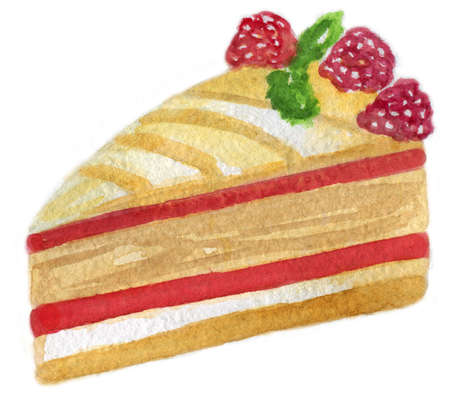 Slice of a raspberry layered cake decorated with raspberries. Watercolor illustration isolated on white background.の写真素材