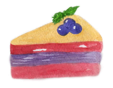 Watercolor slice of a blueberry and raspberry layered cake decorated with blueberries and mint leafの写真素材